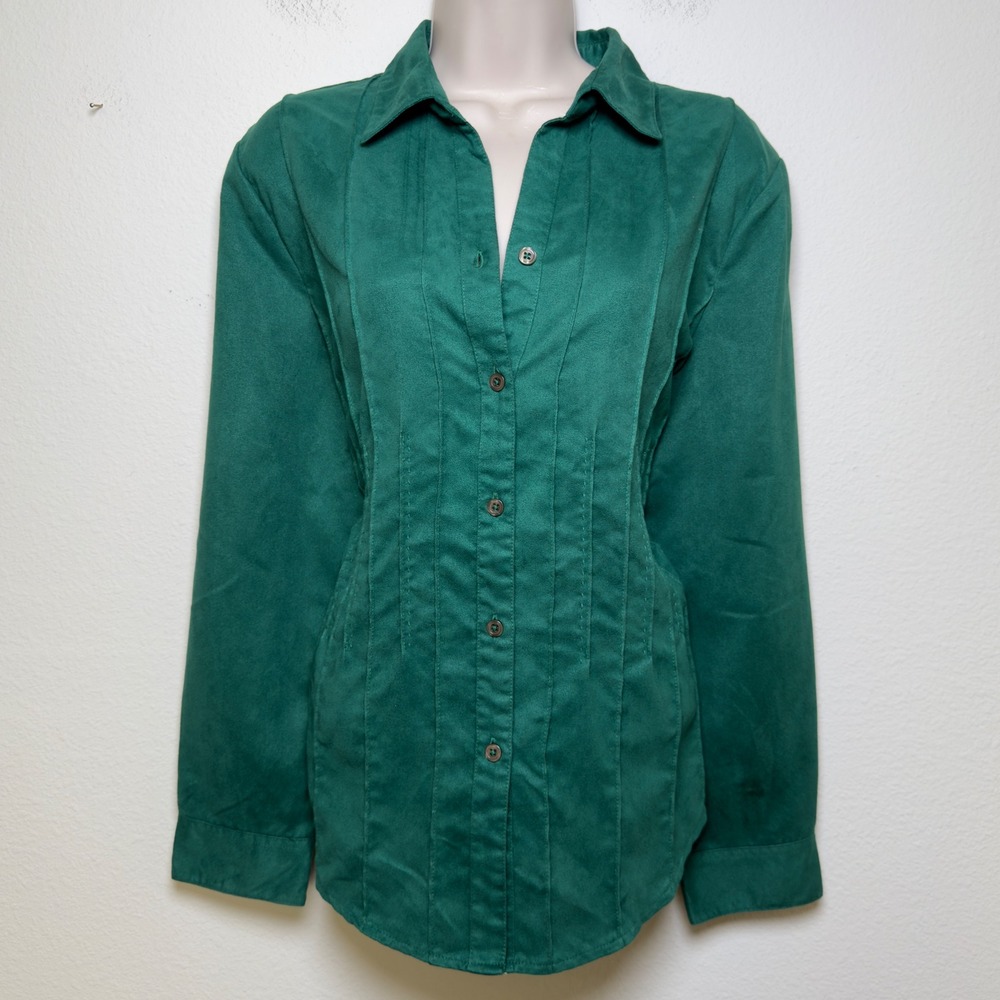 VTG y2k Women Faux Suede Western Button Front Shirt Large Green‎ Pintuck Goblin